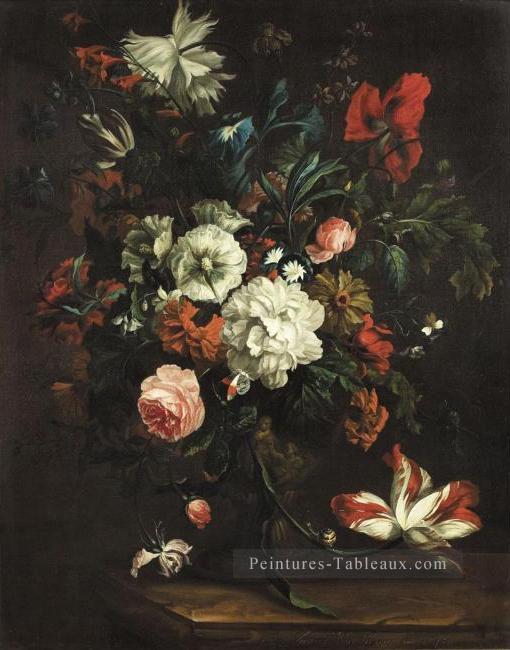 Fleurs dans un vase sur une dalle de Pierre Justus van Huysum Peintures à l'huile